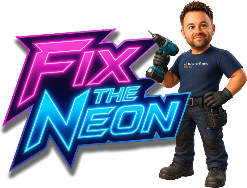 Fix the Neon-logotypen i rosa och blå neon, bredvid står spelets montör med skruvdragare