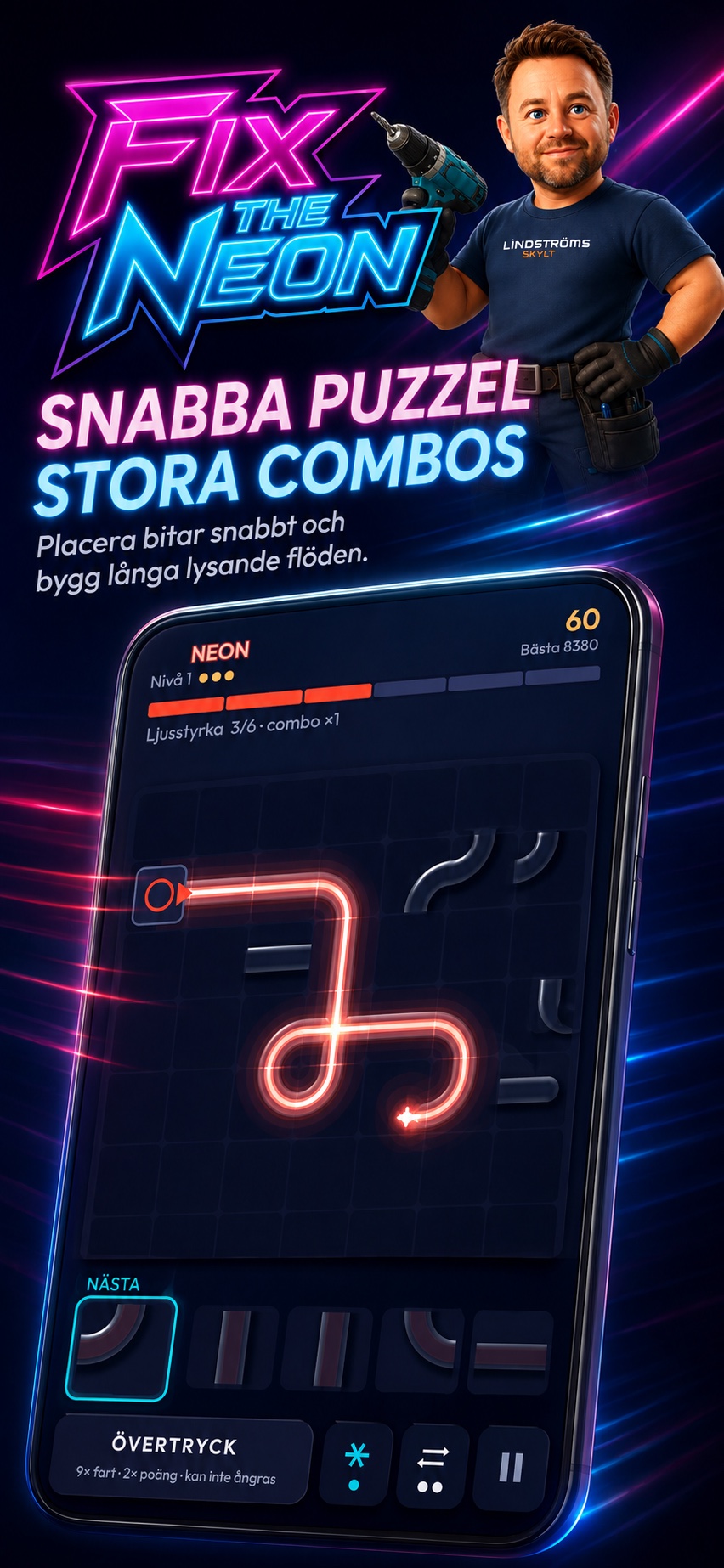 Fix the Neon-logotypen i rosa och blå neon och spelets montör med skruvdragare, nedanför lutar en telefon med en pågående runda