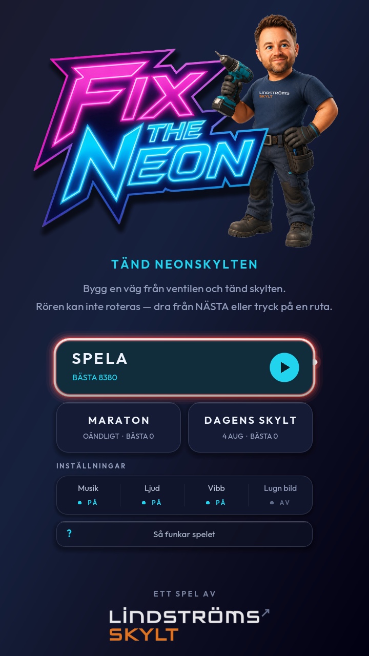 Titelskärmen i Fix the Neon: spelets logotyp i rosa och blå neon, en montör med skruvdragare och menyn med lägena Spela, Maraton och Dagens skylt